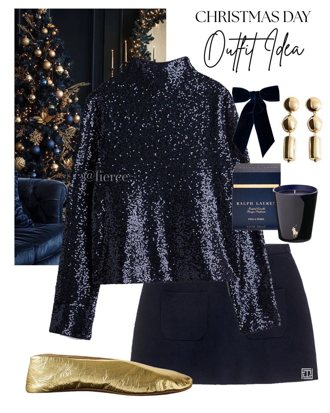 Navy sequin top navy wool mini skirt gold ballet flat shoes navy hair bow Christmas Day outfit 

#LTKfestive #LTKeurope #LTKuk