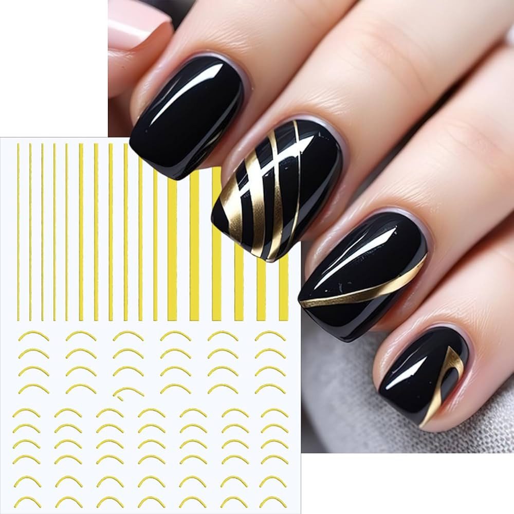 Gold Line Nail Stickers French Line Metallic Curve Strip Nail Decals 3D Self-Adhesive Wave Lines Nail Foil Sticker Nail Art Supplies Holographic French Nail Art Design for Women Girls 8 Sheets | Amazon (US)