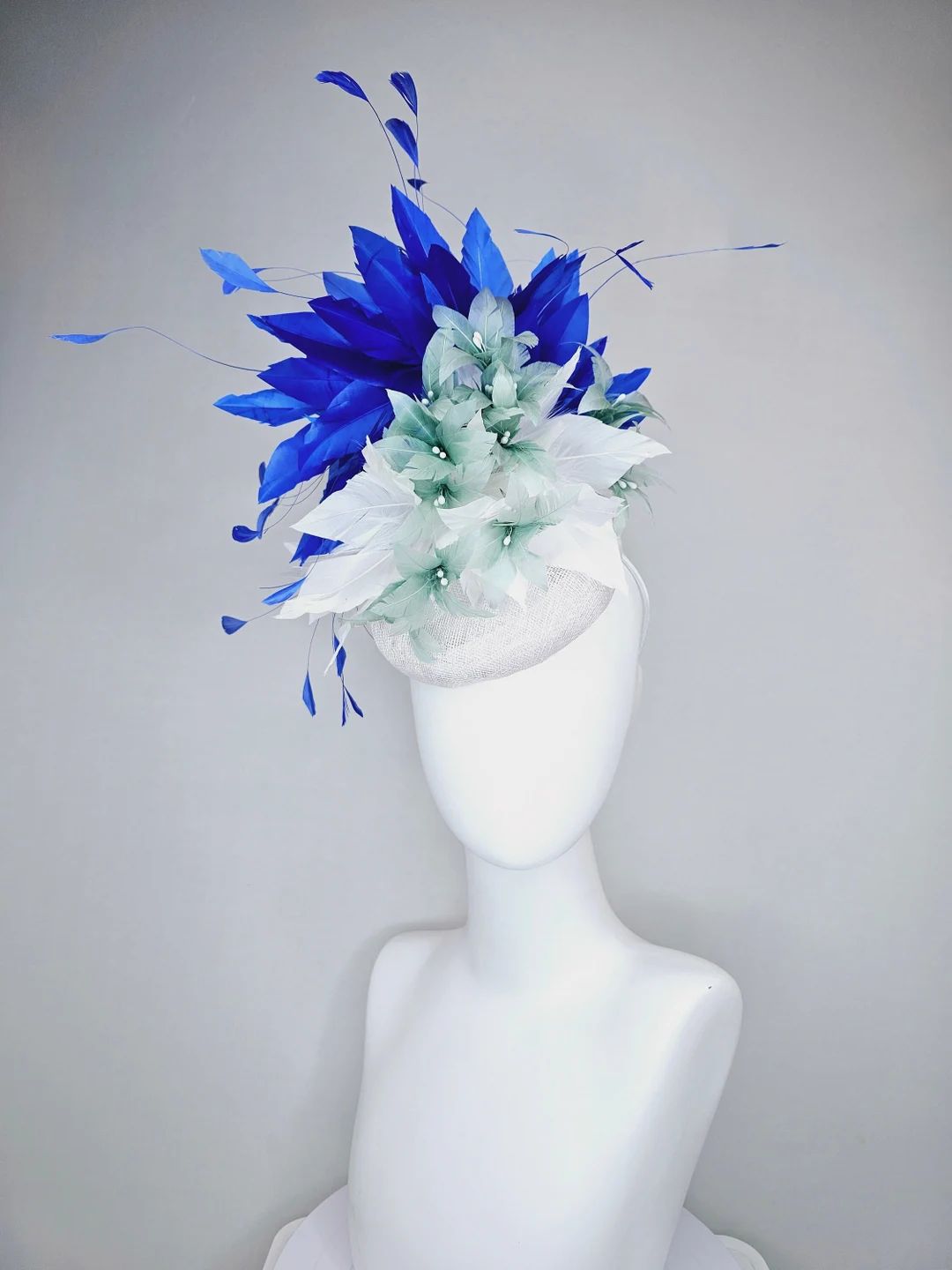 Kentucky Derby Hat Fascinator White Sinamay With Teal Green Blue Feather Flowers and Royal Cobalt... | Etsy (US)