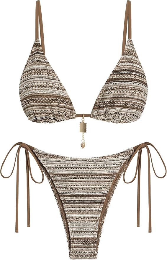 ZAFUL Crochet Bikini Sets for Women Cheeky Boho Bathing Suits Striped Brazilian High Cut Thong Bi... | Amazon (US)
