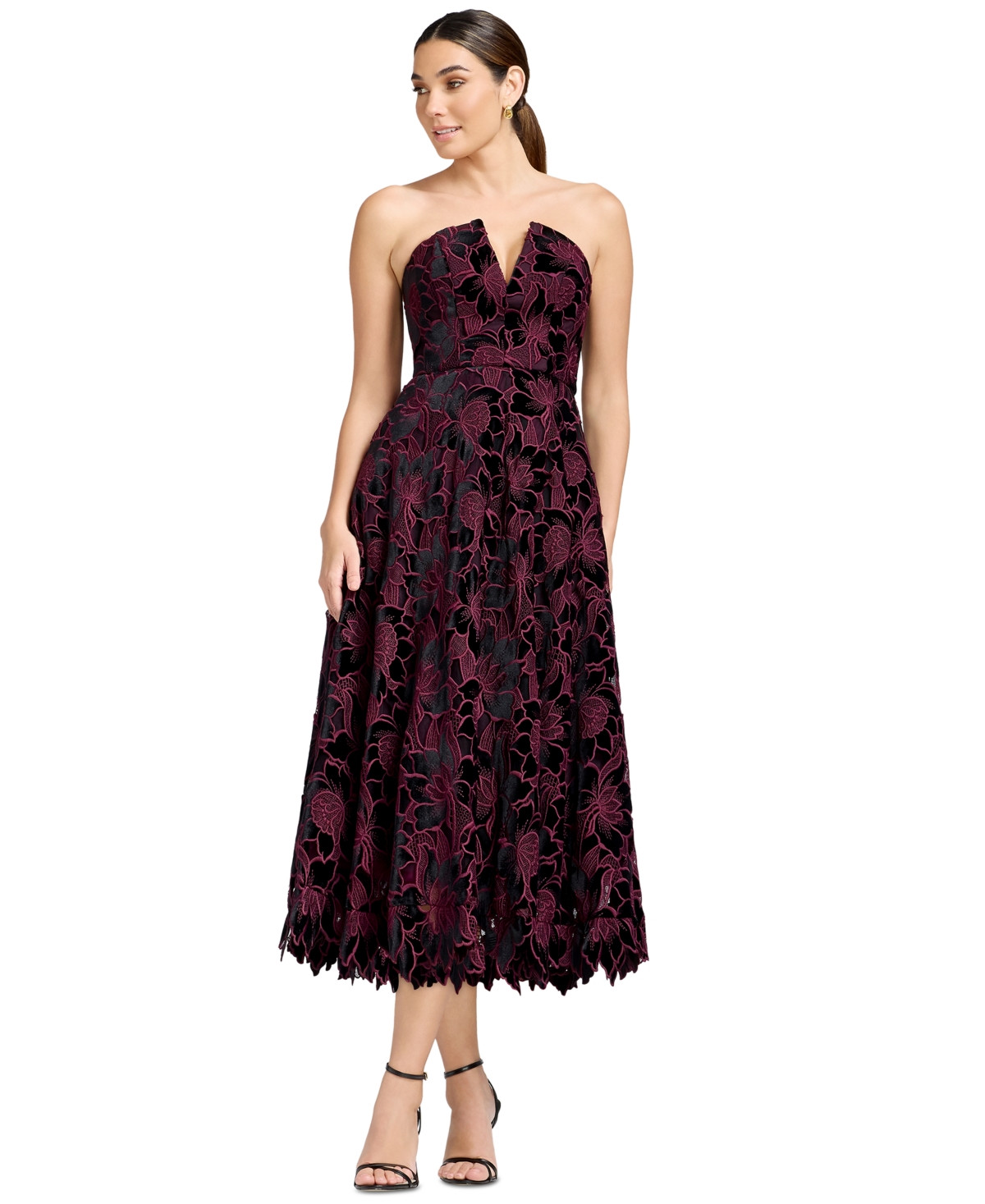 Dress the Population Women's Strapless Floral Fit & Flare Midi Dress - Deep Plum Multi | Macy's