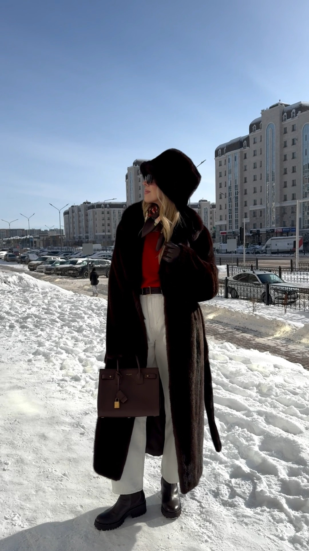 Valentine outfit, fur bucket hat, chocolate brown mink fur coat, red sweater with white jeans, silk scarf outfit 

#LTKValentine #LTKOver40 #LTKSeasonal