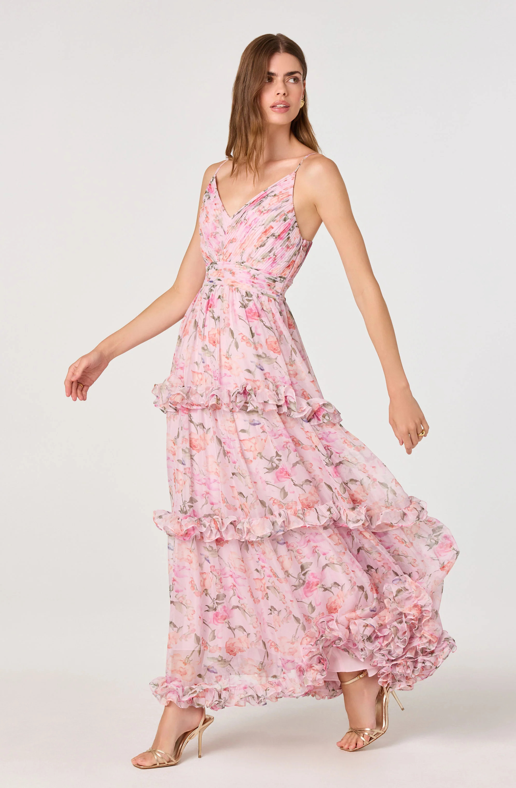 Ayanna Floral Pleated Tiered Maxi Dress - Pink floral / XS | ASTR The Label (US)
