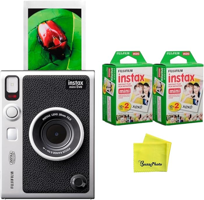 Fujifilm Instax Mini EVO Instant Camera (Black) w/BuzzPhoto Microfiber Cleaning Cloth and 2 Twin ... | Amazon (US)