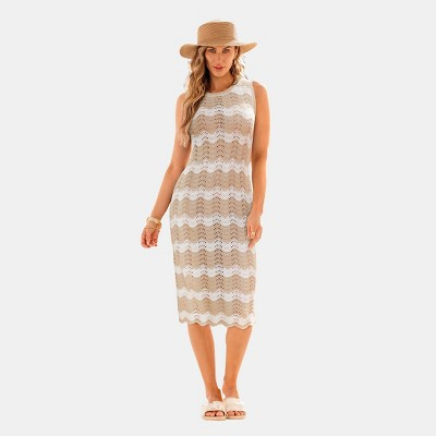 Cupshe Women's Boho Chic Crochet Wavy Stripe Midi Dress-M-Beige | Target
