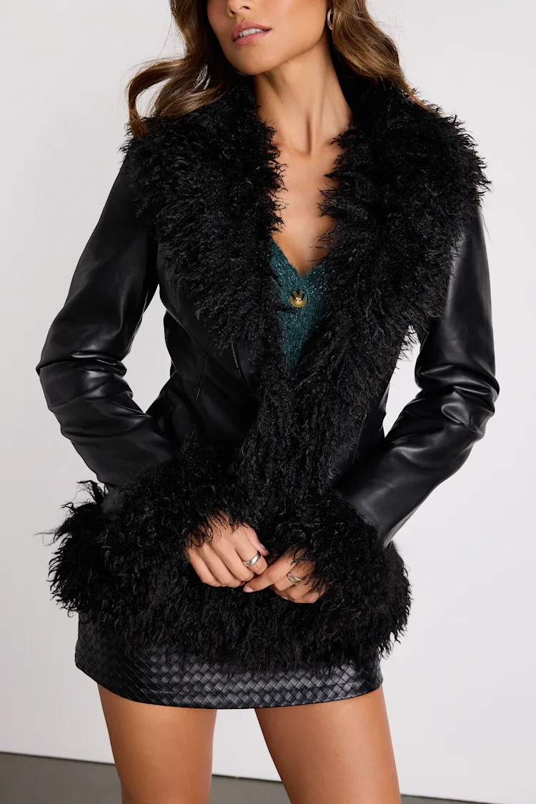 Valona Black Vegan Leather Shearling Jacket | Lulus