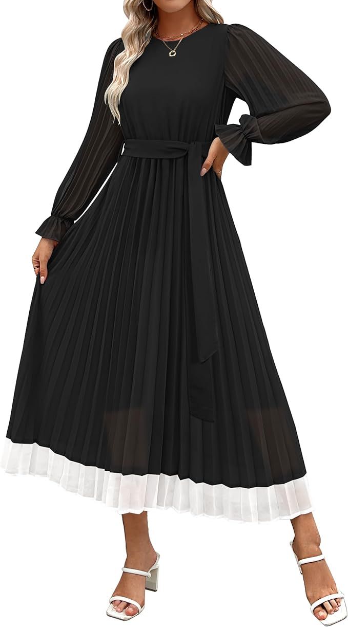 ZESICA Women's 2024 Long Sleeve Chiffon Midi Dress Casual Crew Neck Pleated A Line Flowy Long Dre... | Amazon (US)