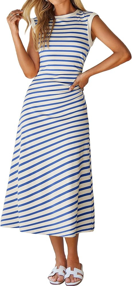 Glamaker Women Summer Tshirt Midi Dress Soft A Line Cap Sleeve Casual Sun Dress for Work Beach Va... | Amazon (US)