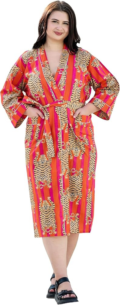 INDACORIFY Tiger Print Kimono Robe, Long Free Size Robe, Cotton Kimonos for Women Dress, Printed ... | Amazon (US)