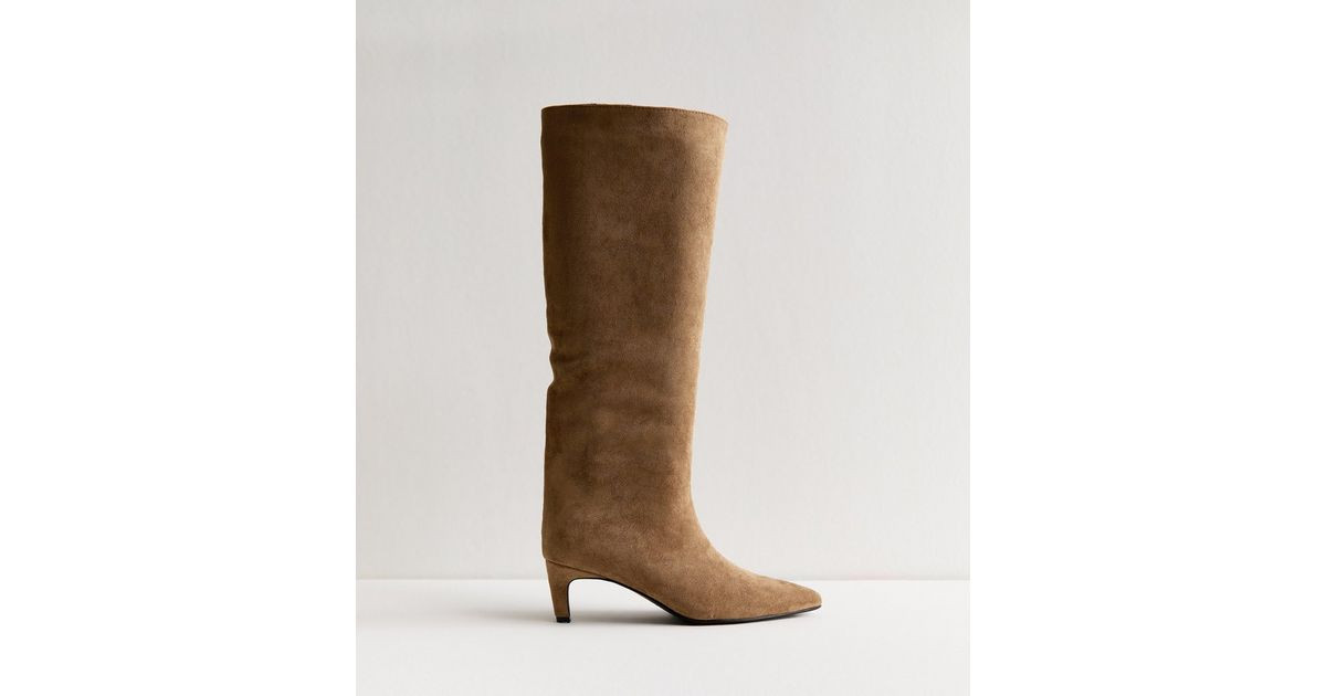 Camel Faux Suede Low Stiletto Heel Knee High Boots | New Look | New Look (UK)