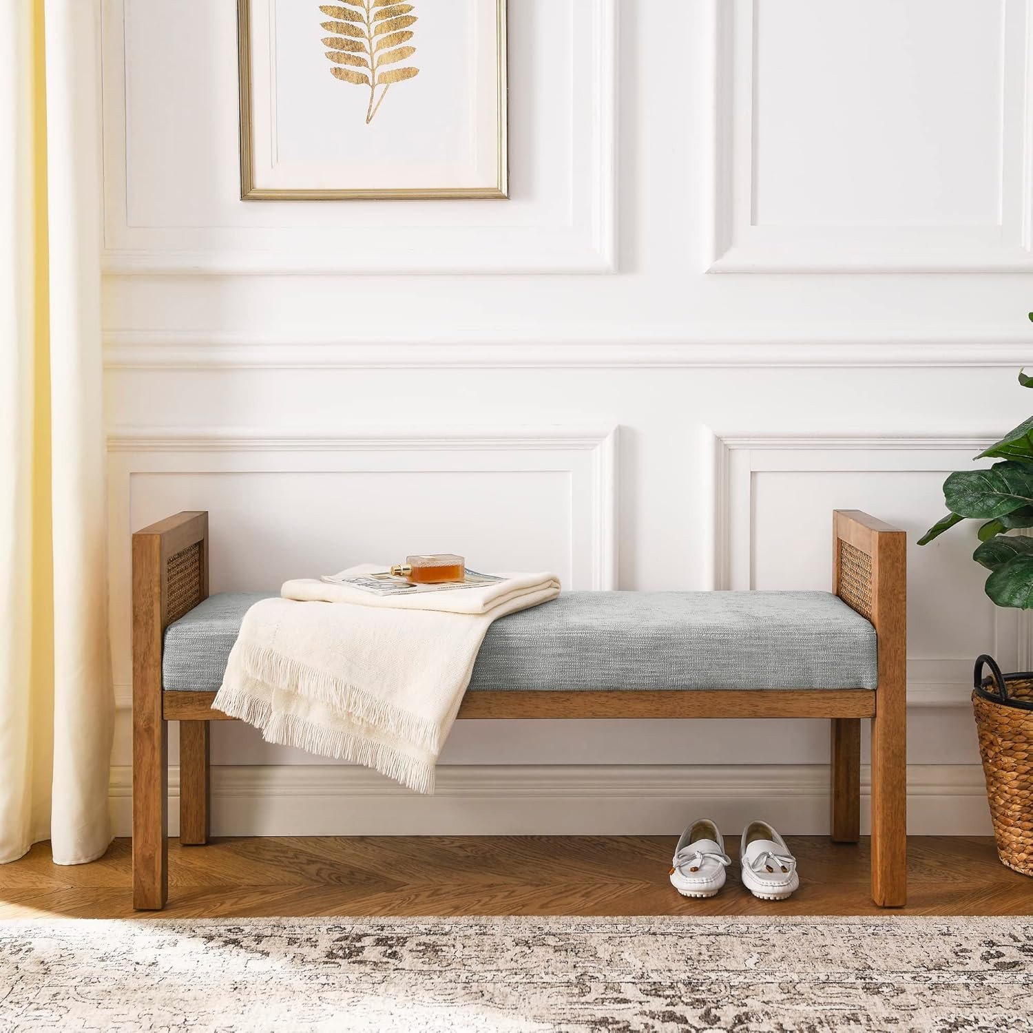 Niccae Linen Upholstered Bedroom Bench, Bench Equipped with Solid Wood Legs, Rattan Woven Mesh, a... | Amazon (US)