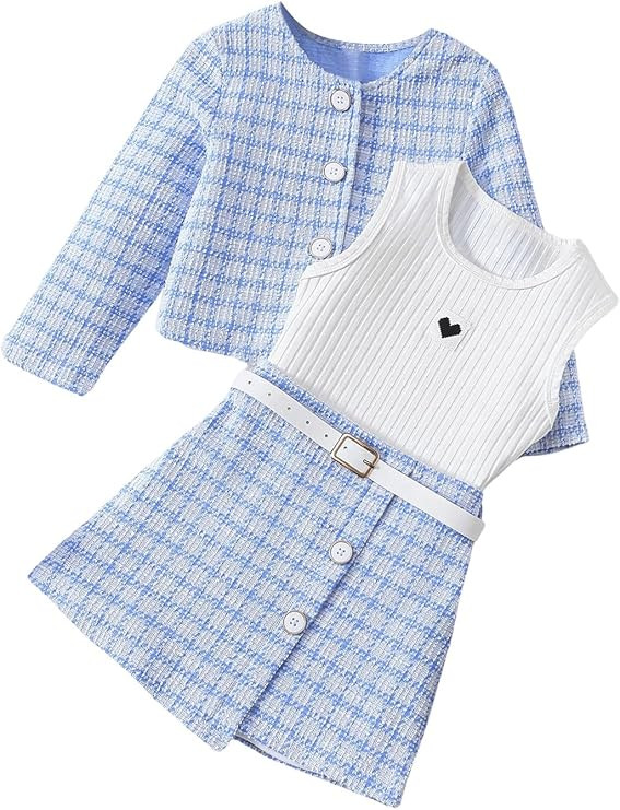 Floerns Toddler Girl's 3 Piece Outfit Plaid Print Jacket with Belt Skirts Rib Knit Tank Top | Amazon (US)