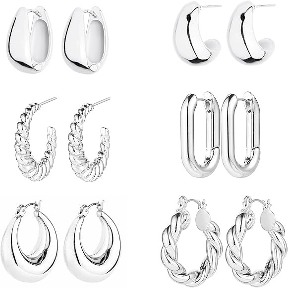 6 Pairs 14K Gold Hoop Earrings for Women Lightweight Chunky Hoop Earrings Multipack Hypoallergeni... | Amazon (US)