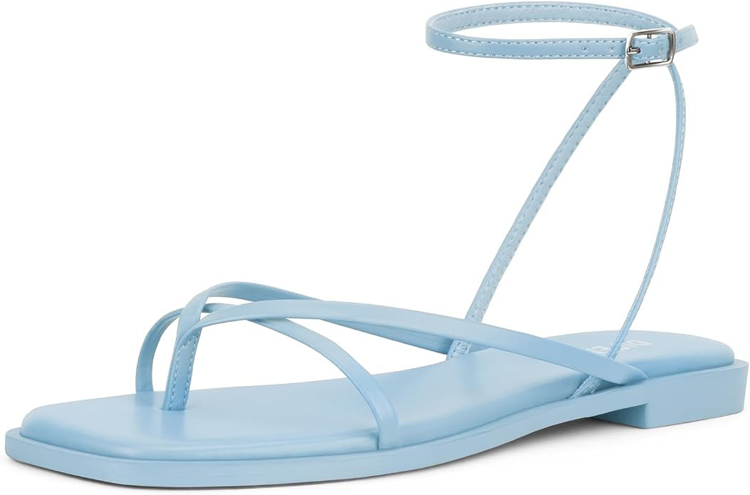Womens Flats Sandals Square Toe Strappy Ankle Strap Flats | Amazon (US)