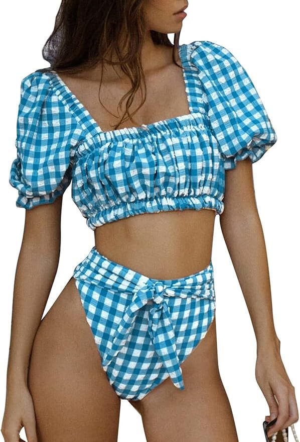 Dokotoo Womens Short Sleeve Plaid Print Bubble Sleeves High Waisted Two Piece Bikini Swimsuit | Amazon (US)