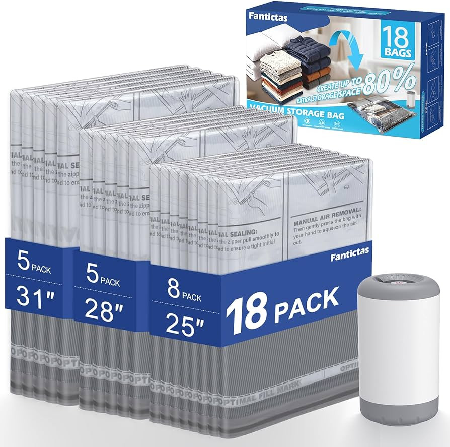 Travel Vacuum Storage Bags with Rechargeable Air Pump, 18 Pack Portable Space Saver Bags, Compres... | Amazon (US)