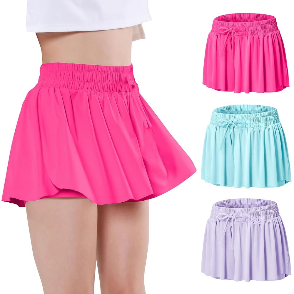 EXARUS Girls Butterfly Shorts Flowy Skirt Skort Athletic Cheer Flutter Dance 2 in 1 Running Prepp... | Amazon (US)