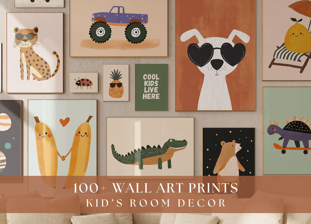 100 Modern Kids Wall Art Prints Bundle, Nursery Decor, Playroom Gallery Wall, Gender Neutral Anim... | Etsy (US)