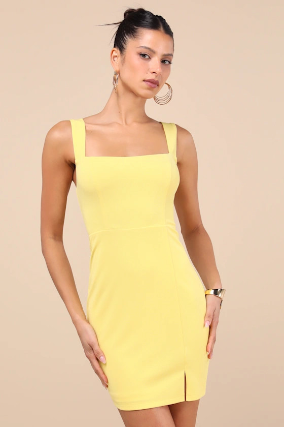 Social Sensation Light Yellow Square Neck Mini Bodycon Dress | Lulus