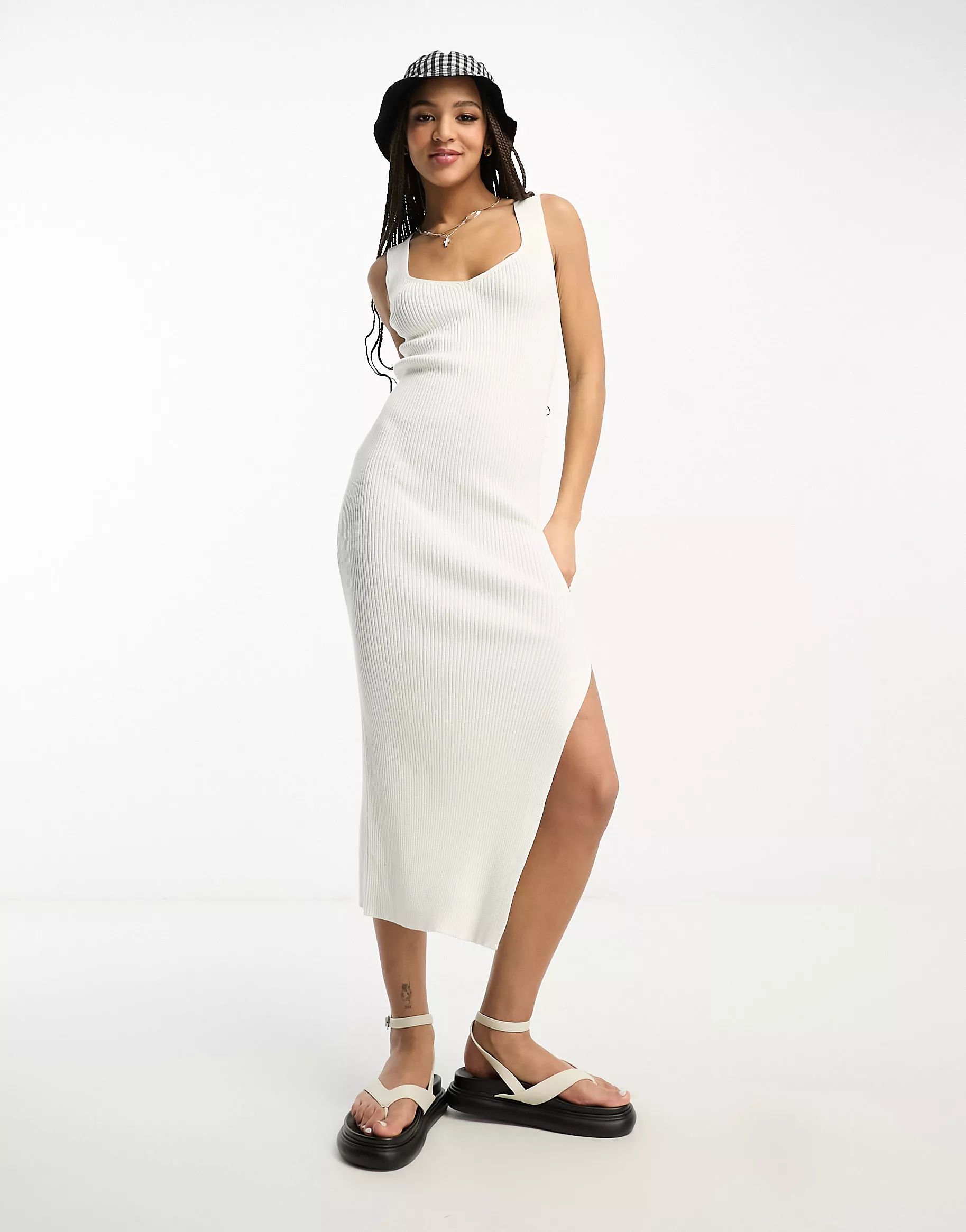 ASOS DESIGN knitted v neck midi dress in cream | ASOS (Global)