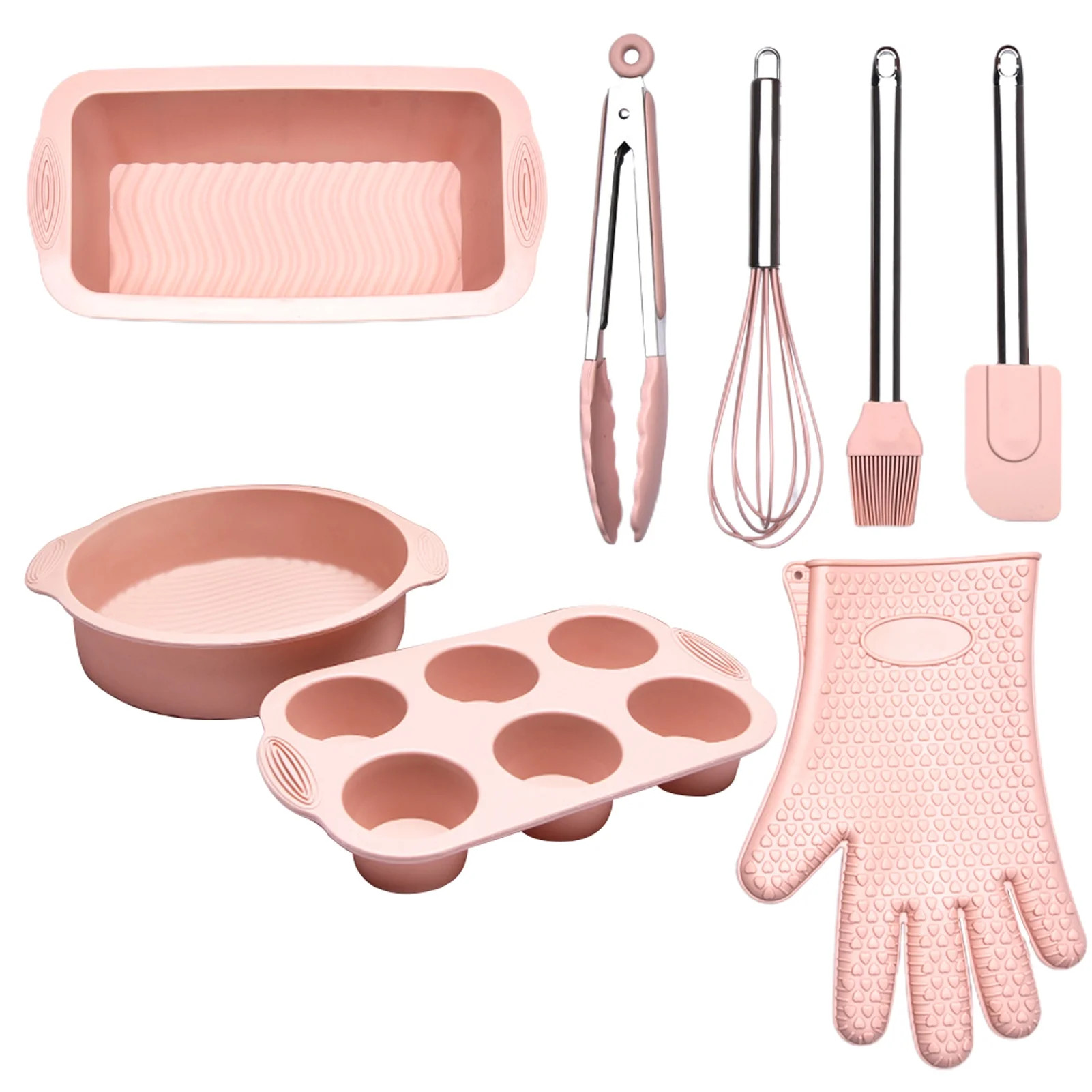 MOFUCA - 8pcs Easy De Silicone Food Tongs Cake Pan Bakeware Set Non Stick Whisk Pink | Walmart (US)