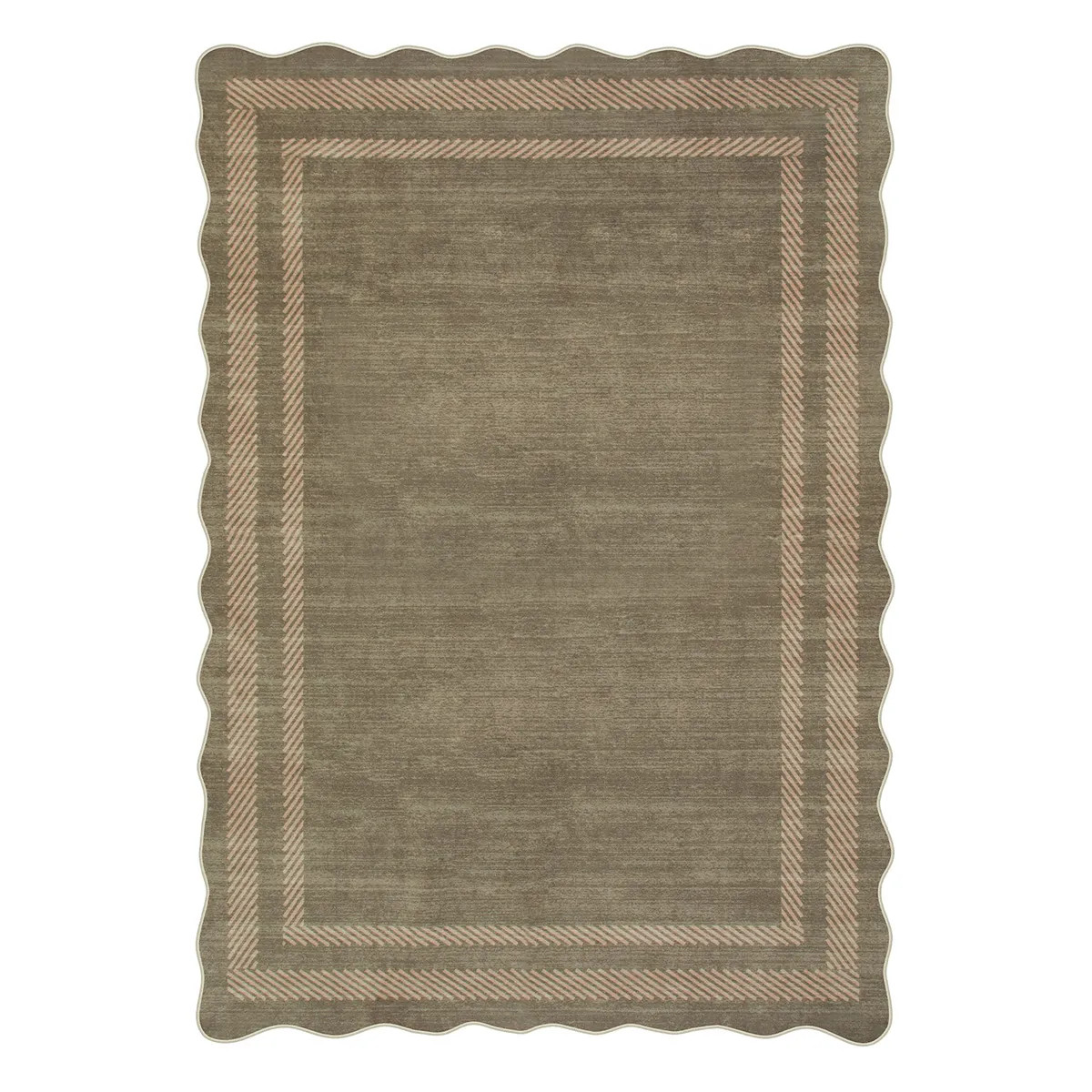 Brise Washable Farmhouse Scalloped Olive Green Rug - Lahome | Lahome