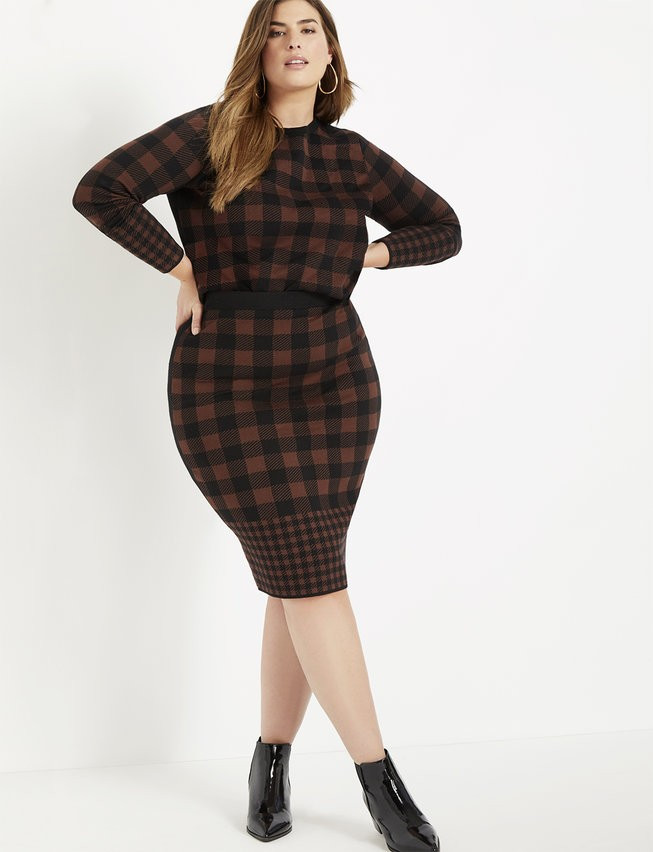 Buffalo Plaid Sweater Column Skirt | Eloquii
