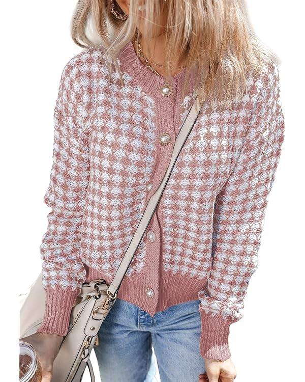 Dokotoo Cardigan Sweaters for Women V Neck Button Down Long Sleeve Plaid Knit Cardigans Sweater T... | Amazon (US)