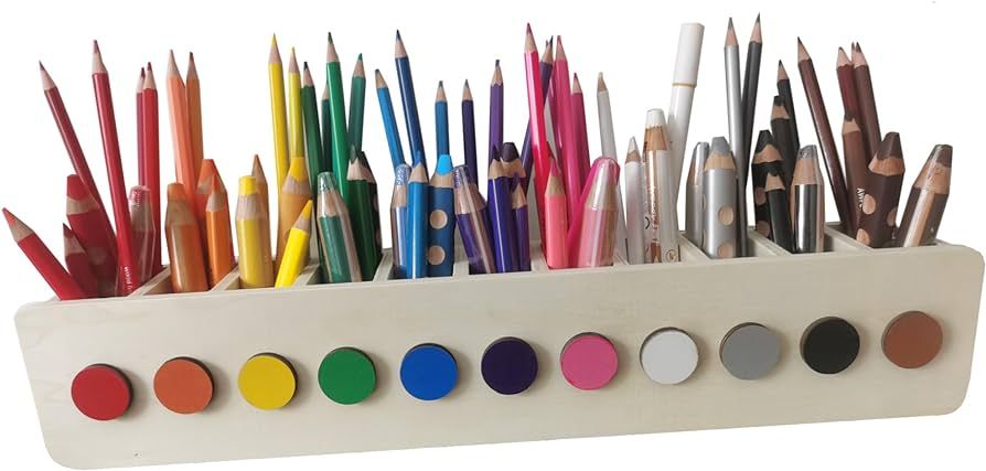 Montessori Pen & Pencil Holder for Kids, Long Wooden Desk Organizer with 11 Colors Compartments f... | Amazon (US)
