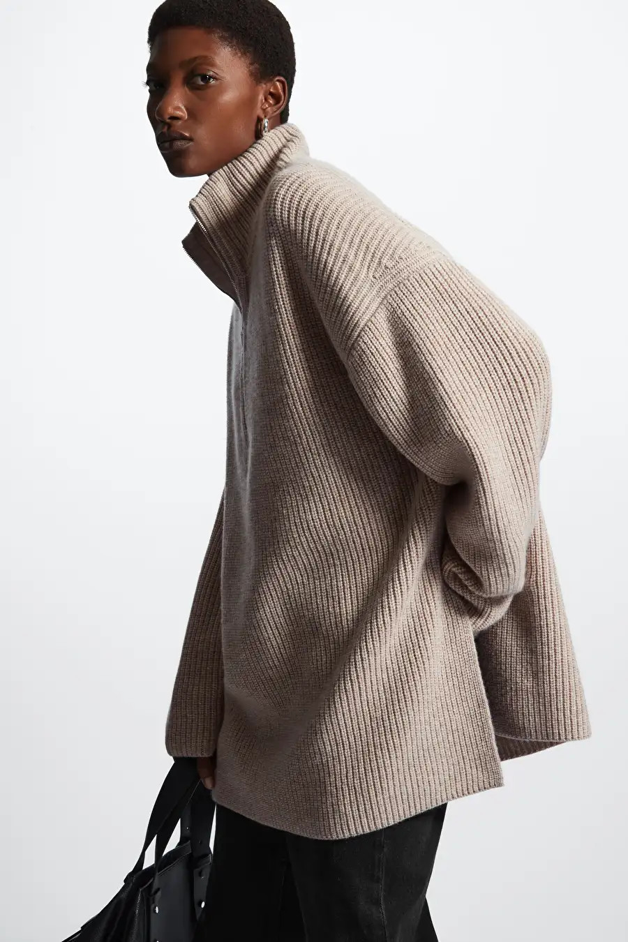 OVERSIZED CASHMERE-BLEND HALF-ZIP JUMPER - LIGHT BEIGE MÉLANGE - COS | COS UK