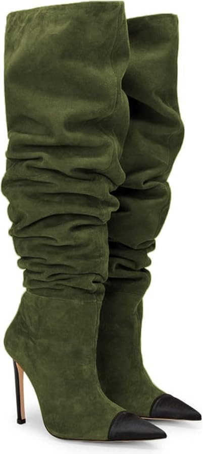 Women Soft Plicated Suede Stiletto Heel Knee High Boots, Sexy Cap Toe Thigh Boots, Retro Patchwor... | Amazon (US)