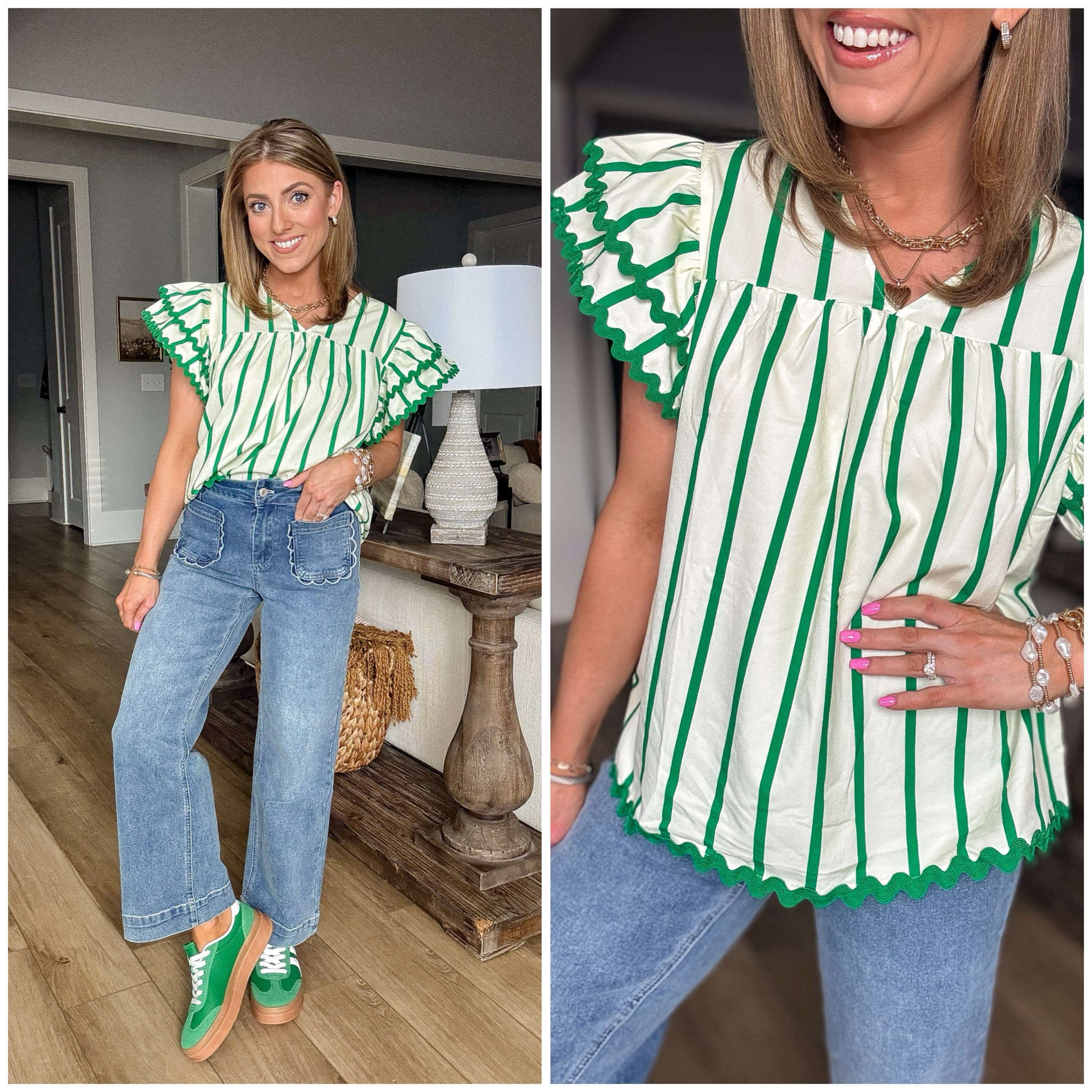 This green striped top is one of my favorite Walmart finds 💚 The ruffle sleeves and contrast trim make it feel extra special while still being lightweight and comfy. Styled with classic denim and sneakers for an easy everyday outfit you can wear now and into spring.

#WalmartNewArrivals #WalmartFashion #AffordableStyle #EverydayOutfits #SpringOutfitInspo #LTKFinds

#LTKootd #LTKPetite #LTKmomlife