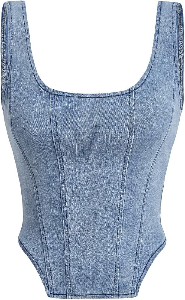 SOLY HUX Women's Square Neck Sleeveless Denim Top Zip Up Back Asymmetrical Hem Crop Tank Top | Amazon (US)