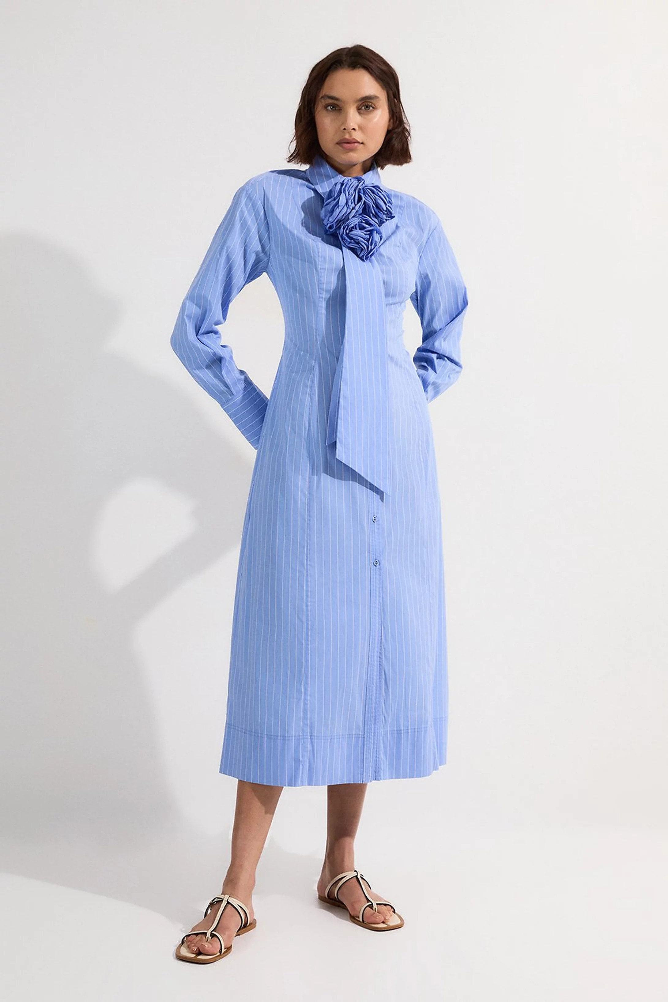 Petite Stripe Cotton Rosette Woven Shirt Maxi Dress | Karen Millen | Karen Millen UK + IE + DE + NL