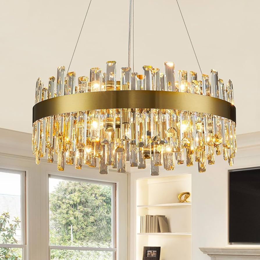 Siljoy Modern Crystal Chandelier Brass Gold Round 2 Tiers K9 Crystal Raindrop Chandelier 12 Light... | Amazon (US)