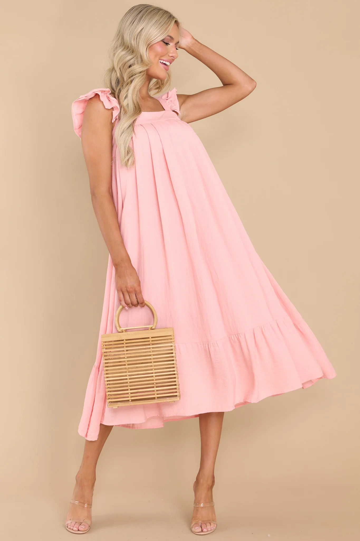 So You Hear Light Melon Midi Dress | Red Dress 