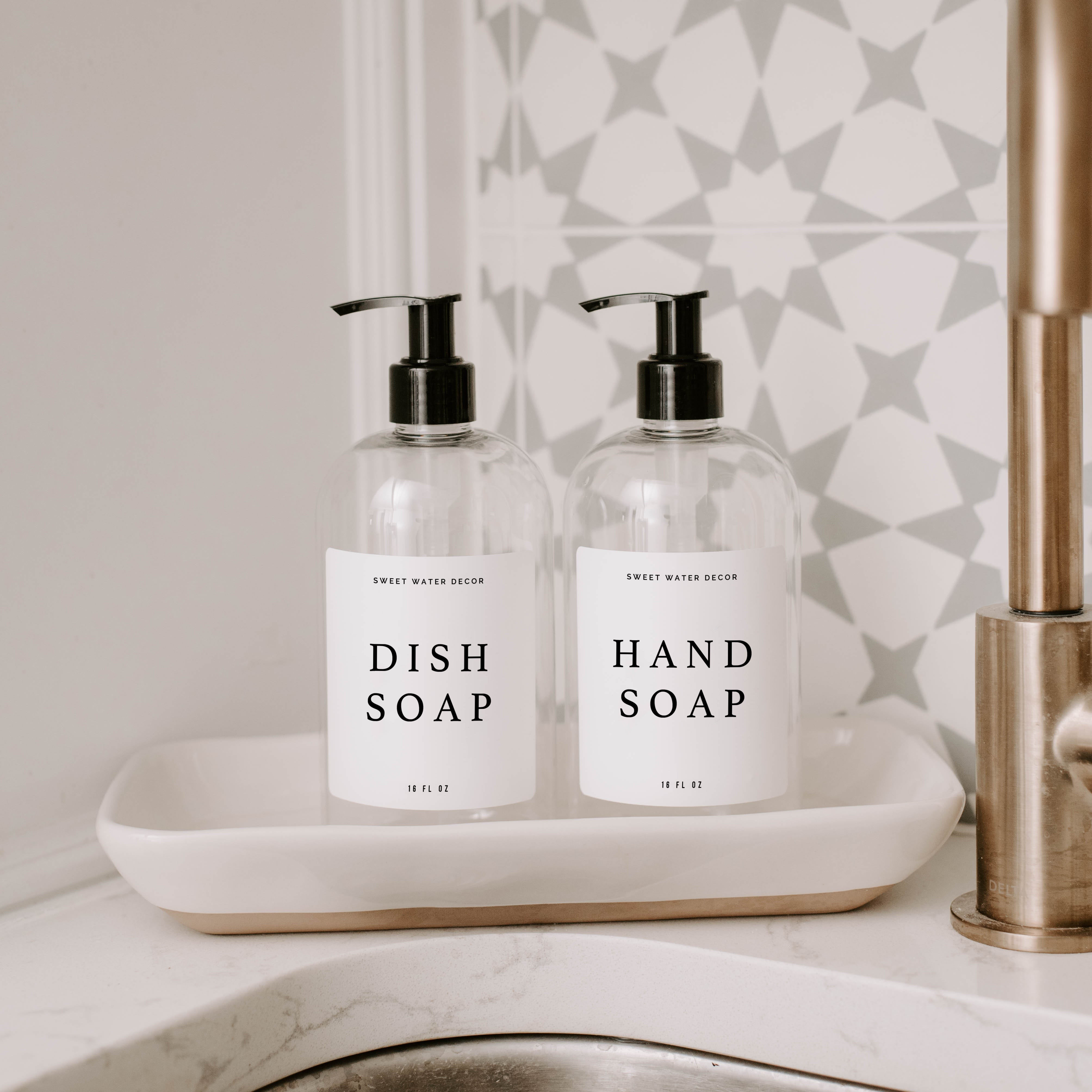 16oz Clear Plastic Countertop Dispenser Set of 2- White Text Label | Sweet Water Decor, LLC