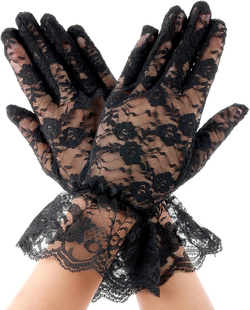 Black Lace Gloves For Women Elegant Short Lace Gloves Tea Party Gloves Wrist Length Floral Gloves... | Amazon (US)