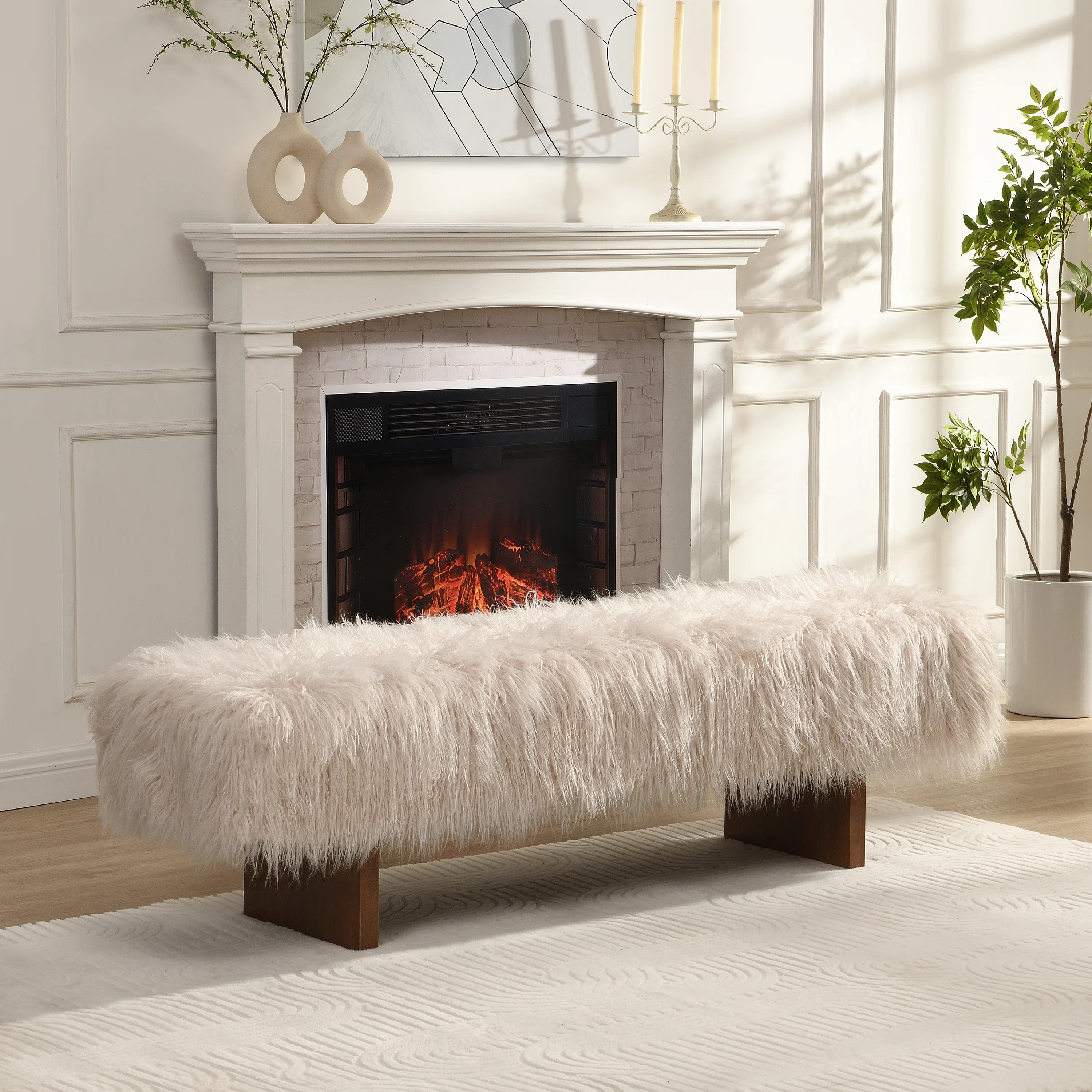 Soren Contemporary Glam Faux Wool Bench With Solid Wood Legs And Soft Upholstered Seat | Wayfair North America