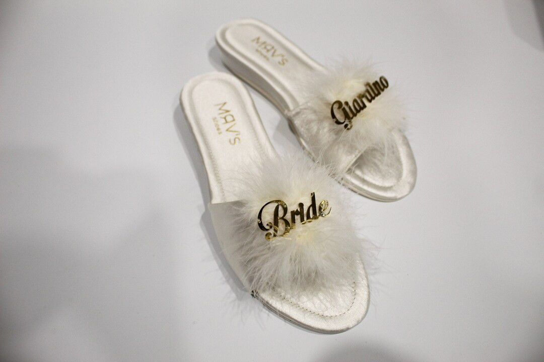 Personalized White Feather Satin Slippers for Bride, Women. Bride Slippers. Wedding. Handmade Hig... | Etsy (US)