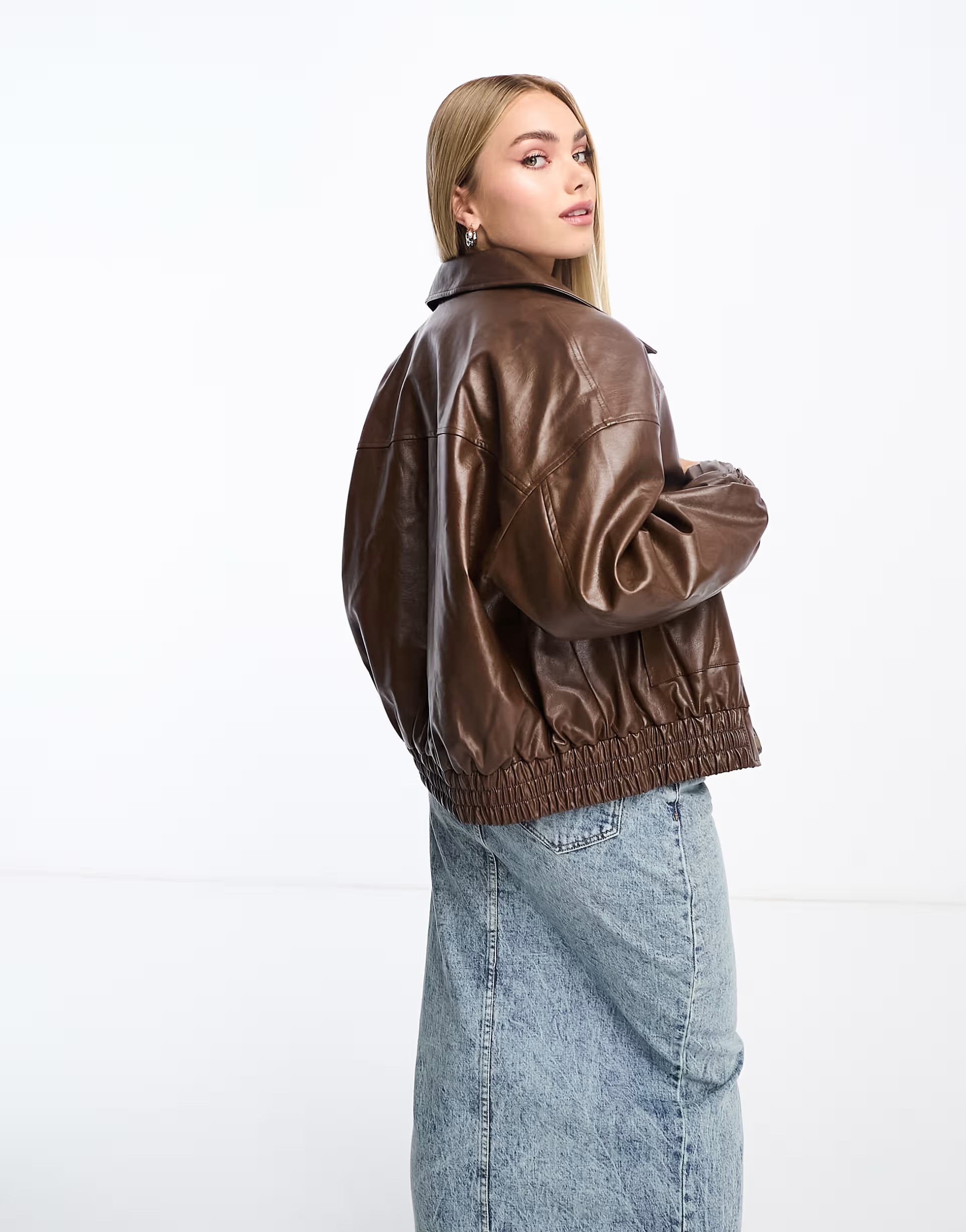 Urban Revivo oversized faux leather bomber jacket in dark brown | ASOS (Global)