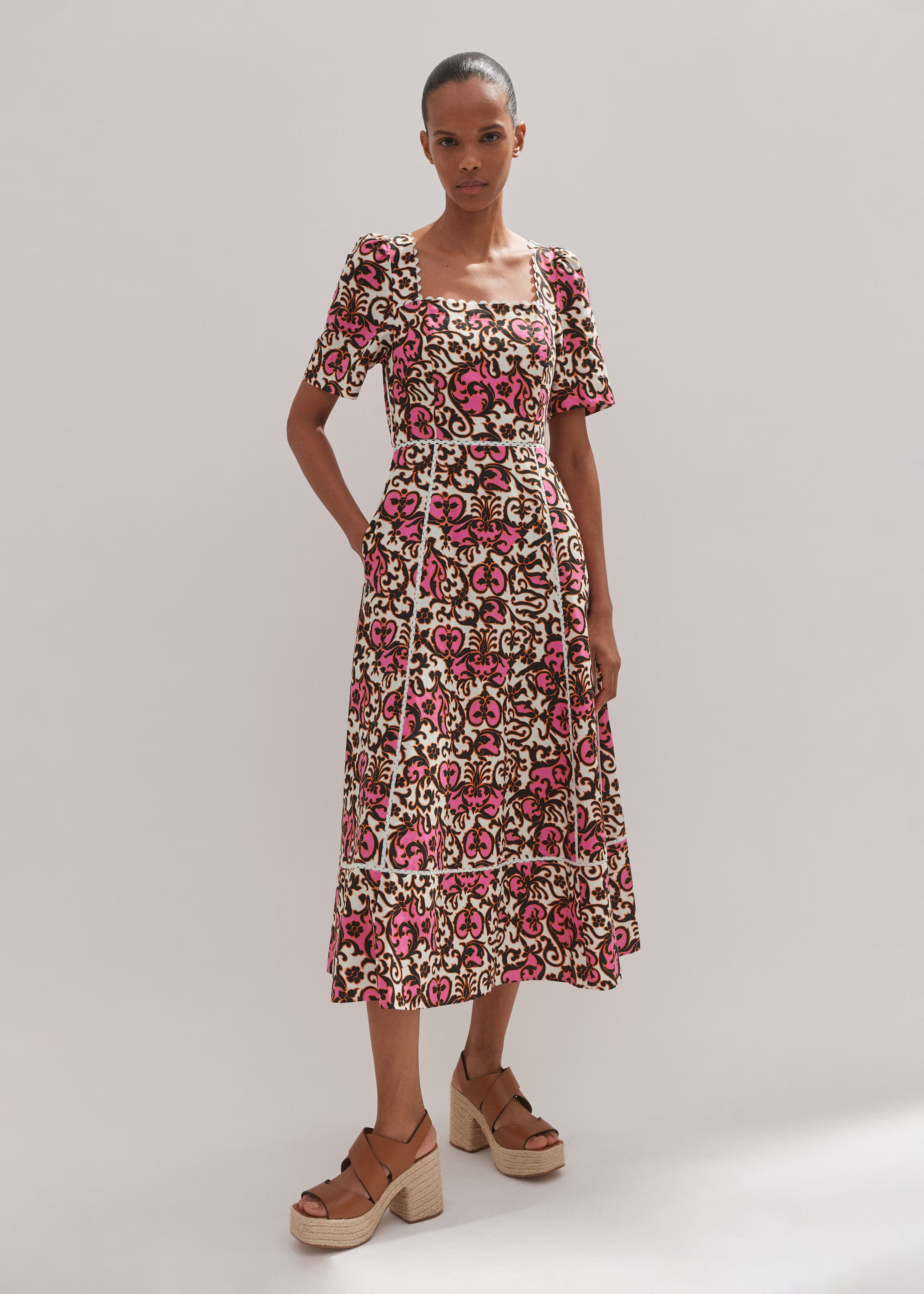 Women's Cream Linen-Blend Baroque Print Midi Dress | ME+EM | ME+EM US