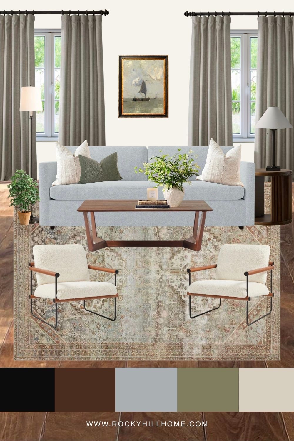 This small cozy living room mood board is all about a layered blue and green color palette, soft textures, and timeless Modern Traditional style. Featuring a light blue sofa, accent chairs and coffee table from West Elm, this mood board is perfect inspiration if you’re decorating a small living room, apartment, or cozy family room.

#LTKHome #LTKSaleAlert