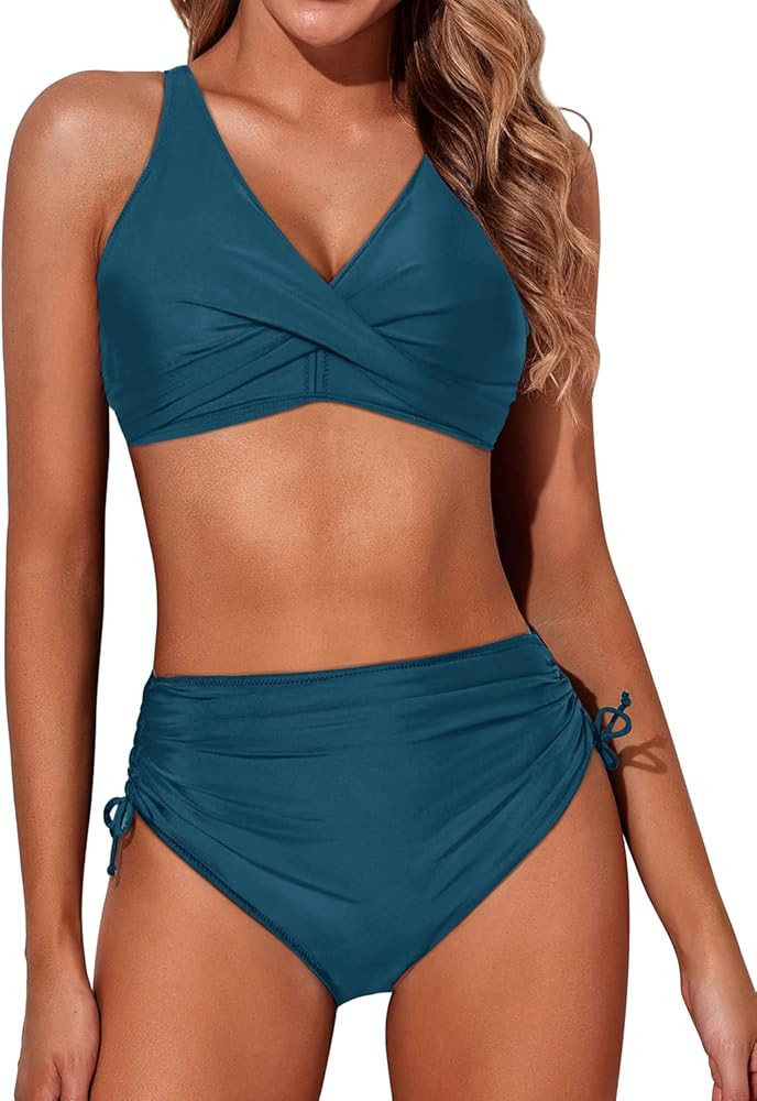 Aqua Eve Women High Waisted Bikini Twist Front Swimsuits Lace up Bikini Tops Ruched Push up 2 Pie... | Amazon (US)