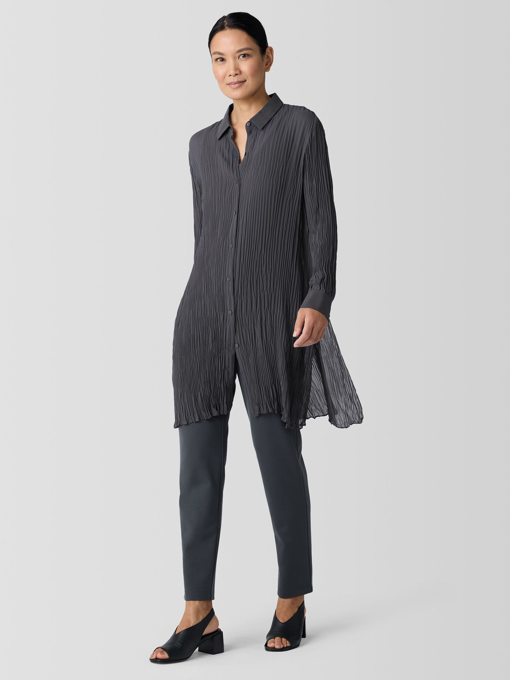 Crinkled Sheer Silk Georgette Long Shirt | Eileen Fisher