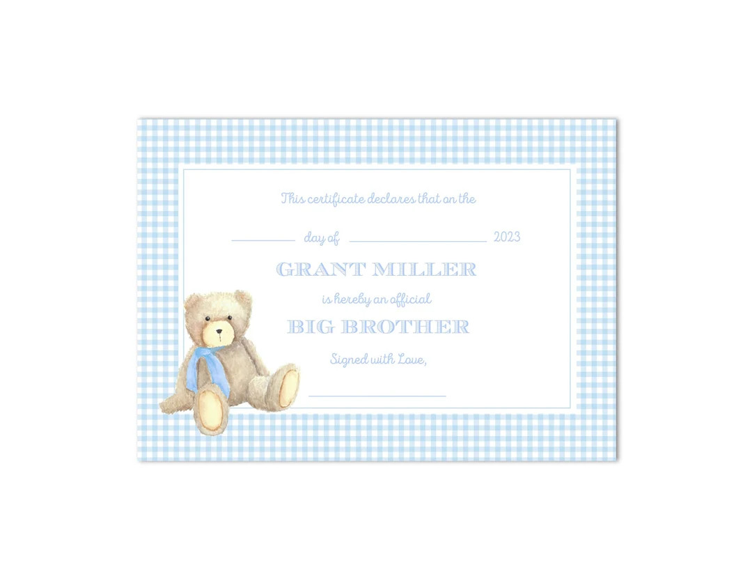 Printable Big Brother Certificate Customizable, Big Brother Promotion, Grandmillenial, Preppy 5x7... | Etsy (US)