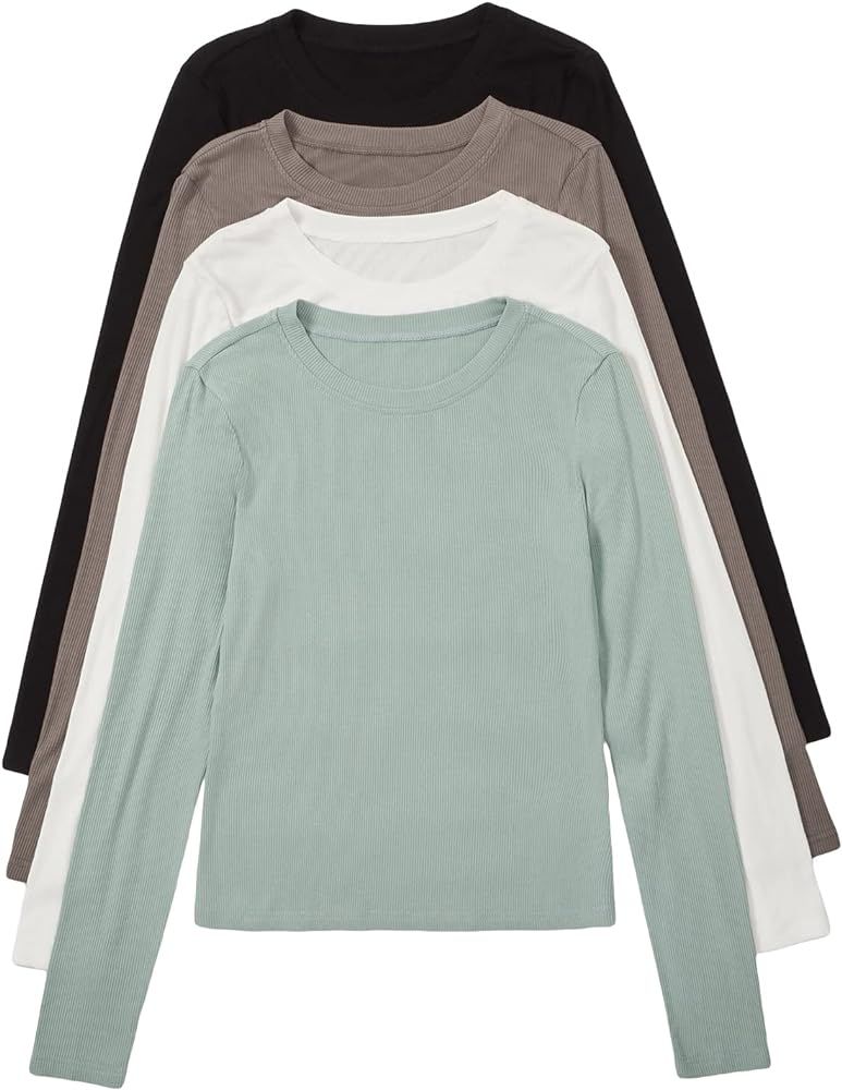Verdusa Women's 4 Piece Basic T Shirt Round Neck Long Sleeve Tee Top | Amazon (US)
