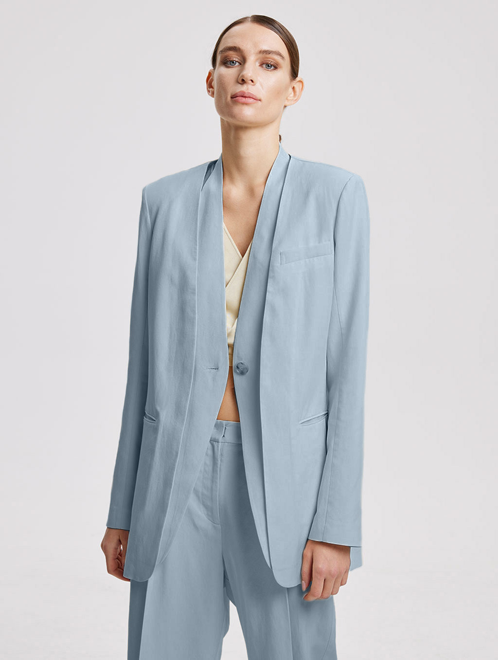 Linen-Blend V-Neck Layered Blazer | Lattelierstore