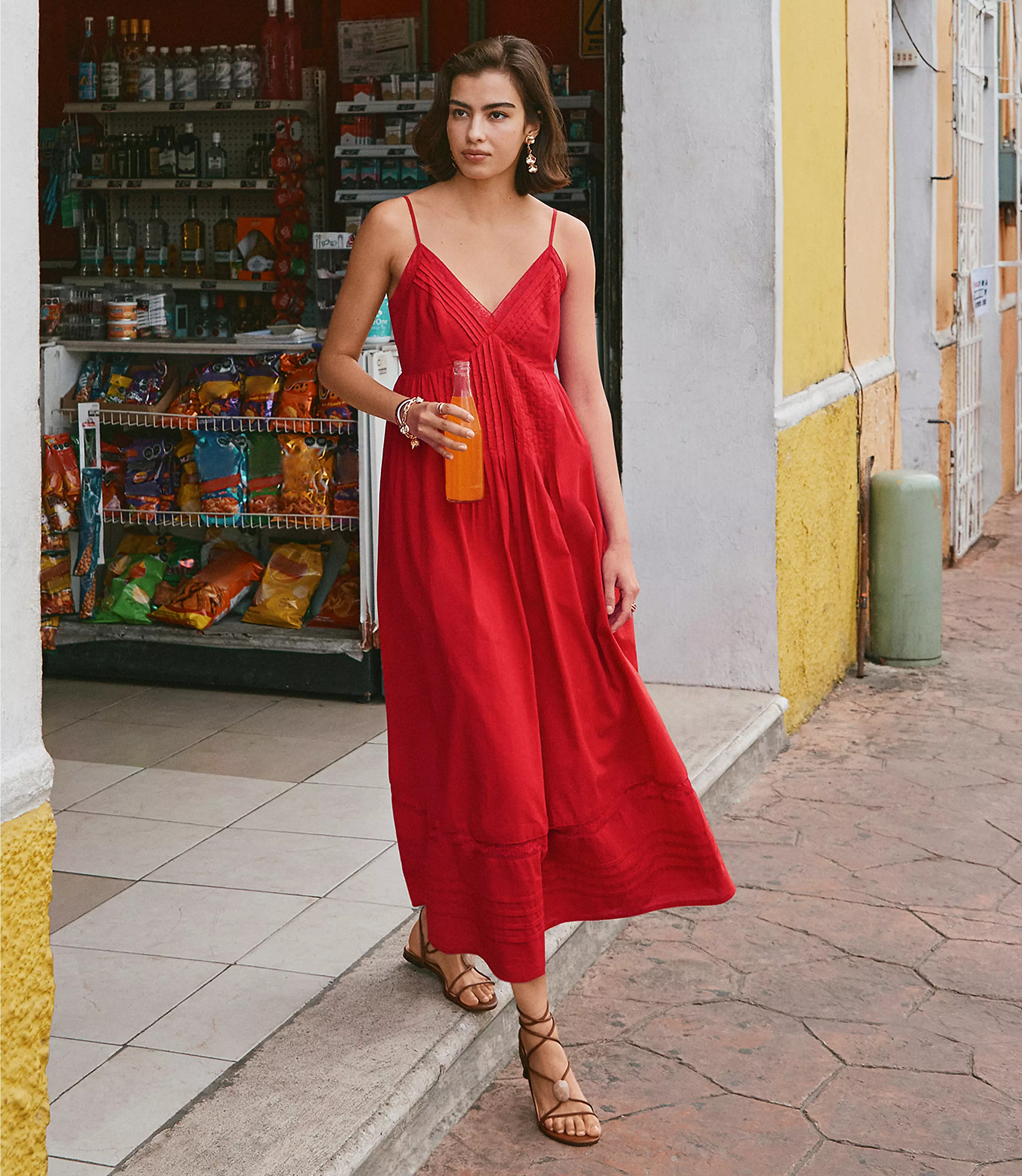 Strappy Lace Trim Pintucked Midi Pocket Dress | LOFT