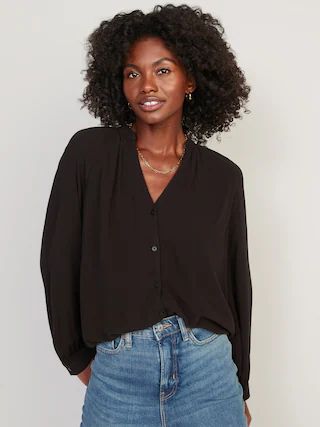 Split-Neck Long-Sleeve Button-Front Blouse for Women | Old Navy (US)